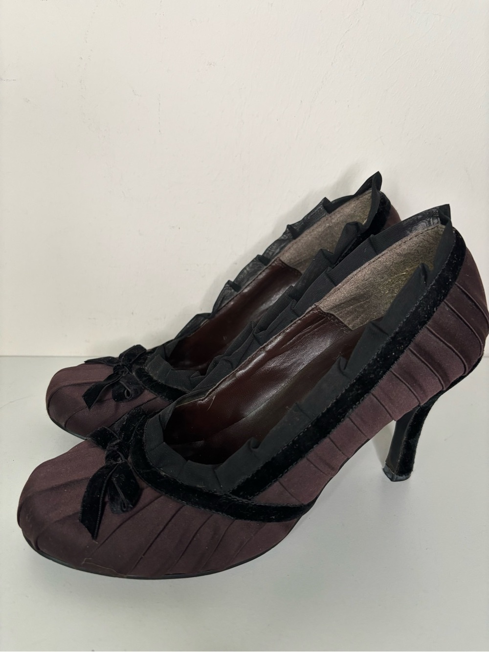 Women's Delicious Dark Plum Satin Pumps with Velvet Trim 8 - Picture 3 of 9